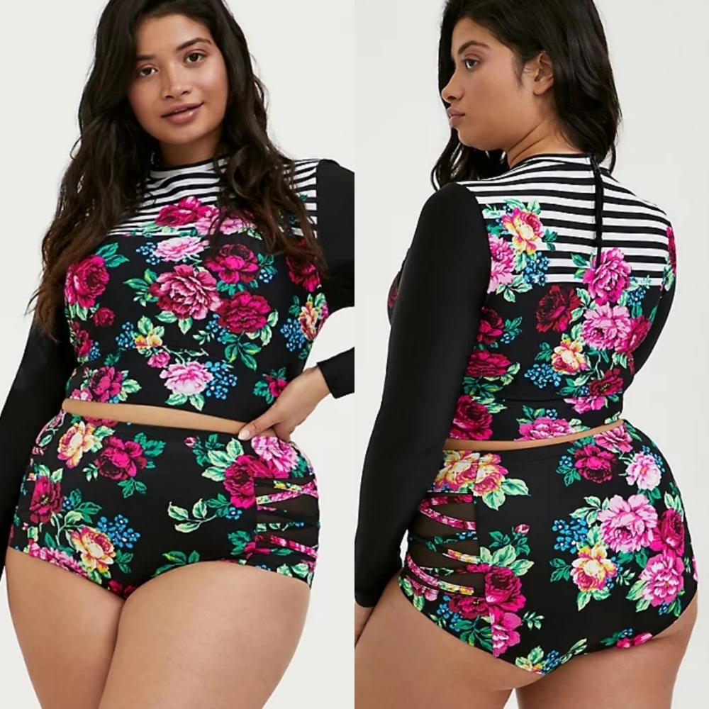 torrid Black Floral Long Sleeve Rash Guard Bikini Set with Pink & Green Accents